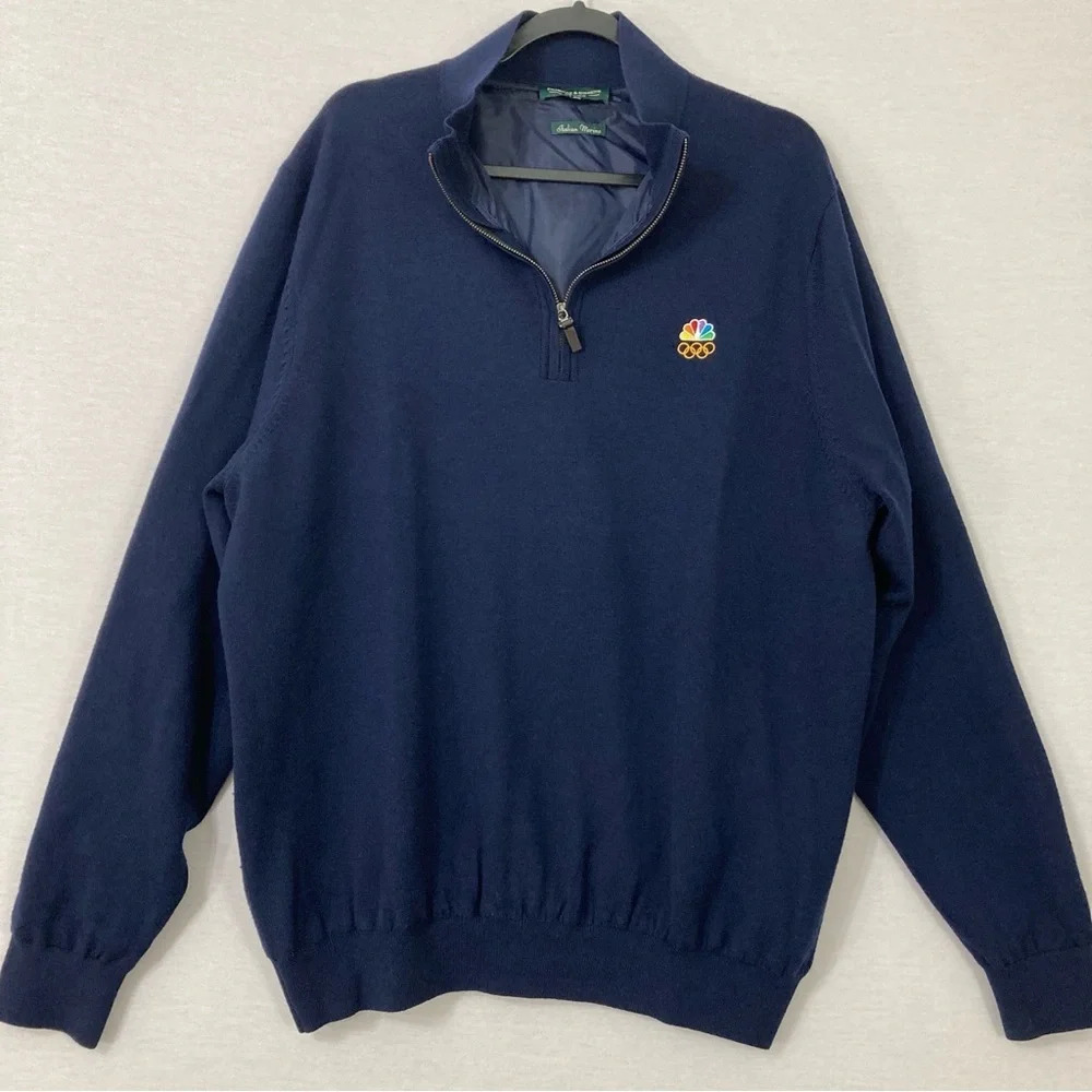 Vintage Fairway & Greene Navy Merino Wool‎ Olympics Embroidered Zip Sweater XL